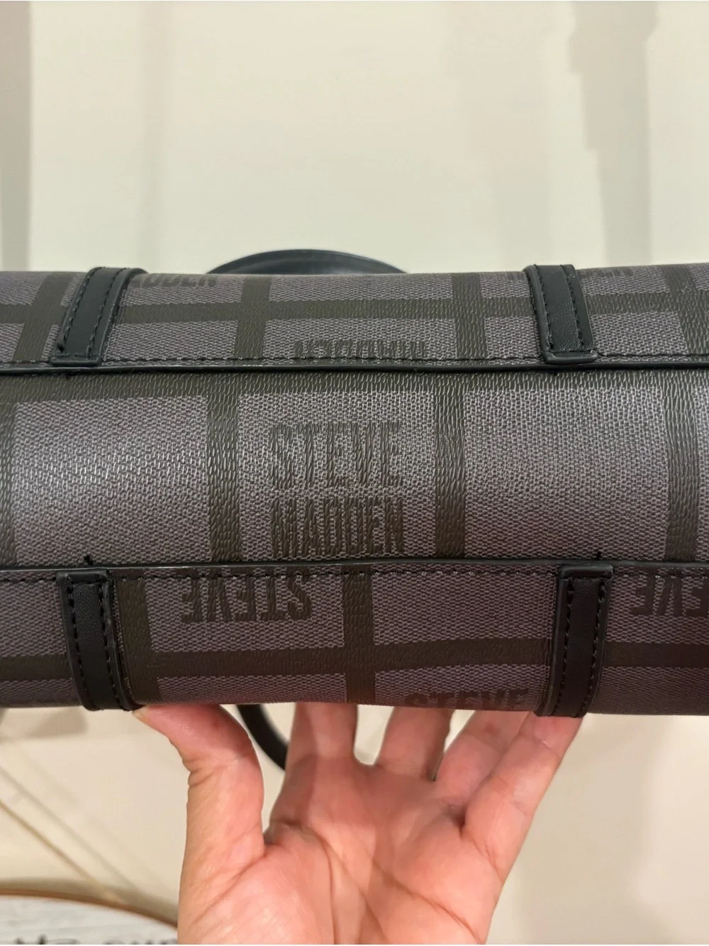Steve Madden Black and Gray Logo Grid Satchel